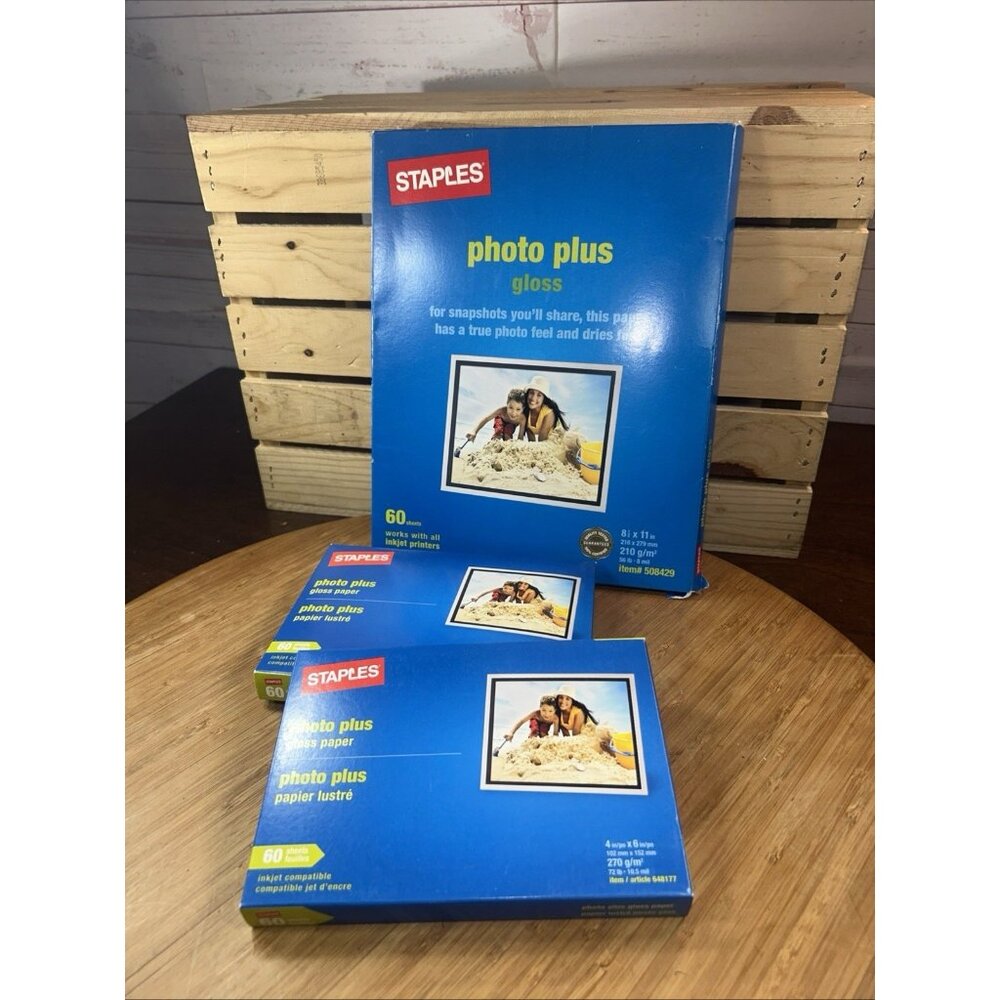New Staples Photo Plus Gloss Paper 4x6 60 Sheets Each Box 2 Pack + 8.5x11 opened